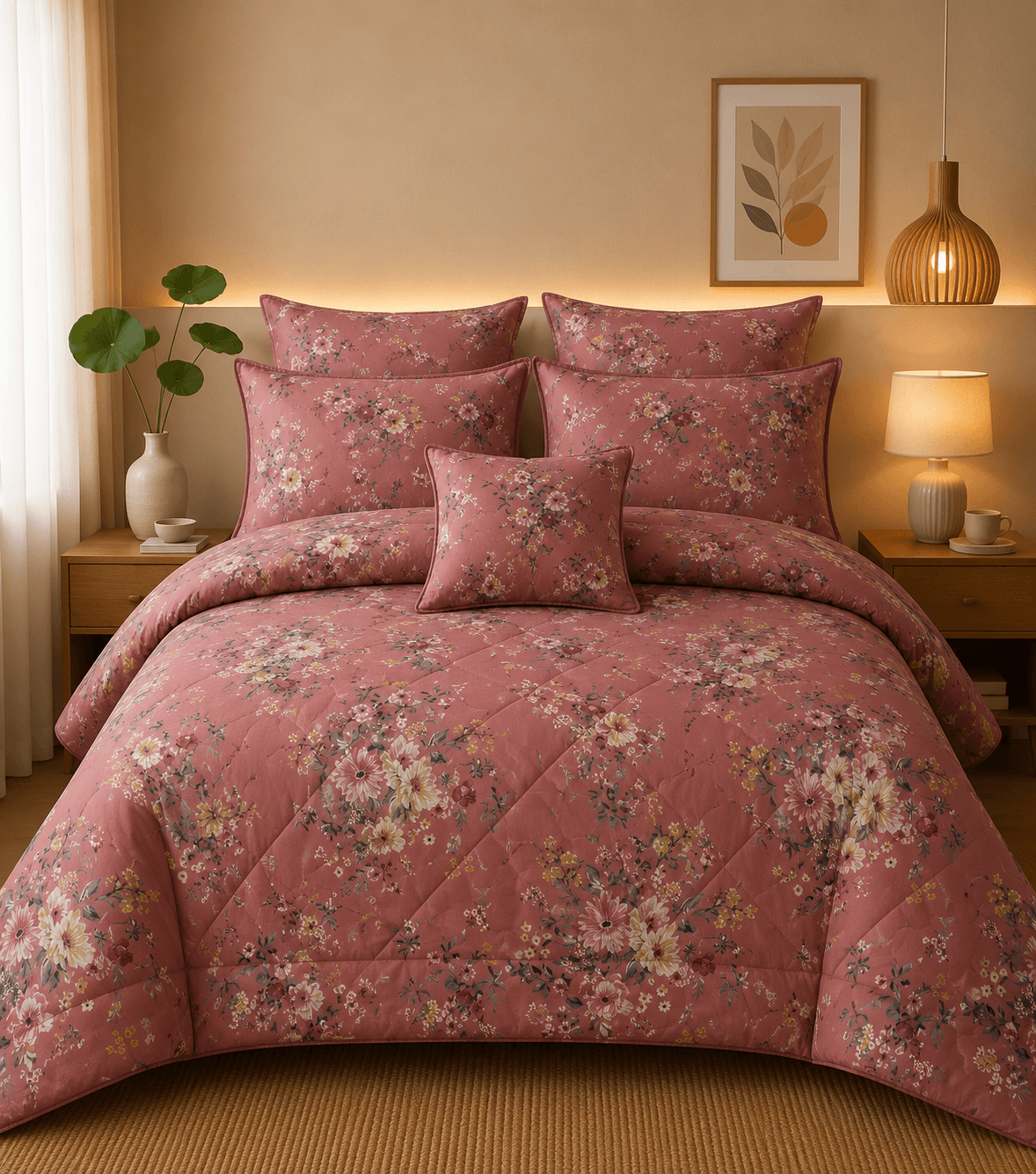 7-Piece Printed Cotton Comforter Set, King Size - Hania Textile